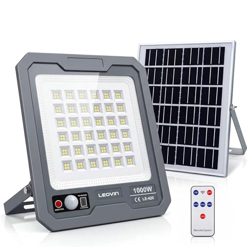 081 Store - Faro Solare LED 1000W con Pannello Solare Esterno, Sensore di Movimento PIR, Telecomando, Batteria 5400mAh, 144 LED Alta Luminosità, Impermeabile IP66 per Giardino, Cortile, Garage