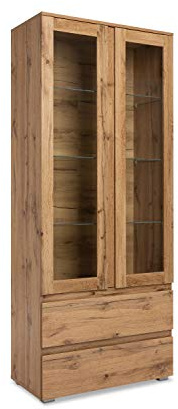 Newfurn Vitrine Honig Eiche Glasvitrine grifflos Wohnzimmer Küche | Glaseinlegeböden, 2 Glastüren, 2 Schubladen, Vitrinenschrank stehend, Wohnzimmerschrank, modern Landhaus, für Esszimmer