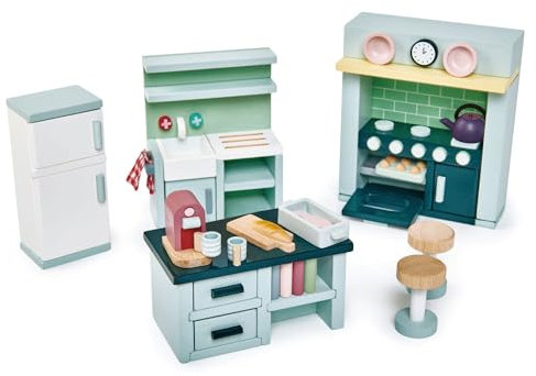 Tender Leaf Toys Puppenhaus-Küchenmöbel – Küchenmöbel aus Holz mit Aga, Spüle, Kühlschrank und Inseleinheit für Puppen, 10-12 cm hoch