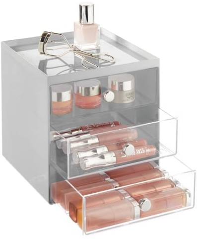 mDesign Make-up Organizer – stapelbare Aufbewahrungsbox mit 3 Schubladen für Mascara, Puder, Nagellack und mehr – Schubladenbox für Badezimmer, Schminktisch oder Büro – grau und durchsichtig