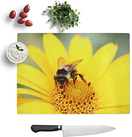 Glass Chopping Board, Bee Collecting Pollen Yellow Flower, 39x28.5 cm | Textured Glass Worktop Saver with Non-slip Feet, Hygienic Cutting and Serving Board for Protecting Kitchen Surfaces