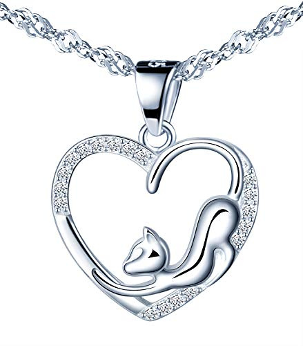 MicLee Damen Halskette 925 Sterling Silber Zirkonia Leeres Herz Katze Anhänger Kette mit Geschenkbeutel Super Geschenk für Paar Pärchen Mutter Tochter