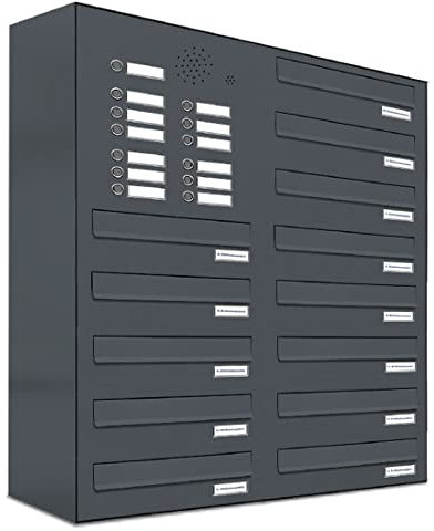 AL Briefkastensysteme 13er Tür/Zaundurchwurfbriefkasten mit Klingel in Anthrazit Grau RAL 7016 13 Fach DIN A4 wetterfest Premium Briefkastenanlage