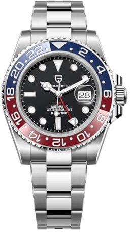 Pagani Design GMT Herren 40 mm Automatikuhr Saphirglas Edelstahl 100 Wasserbeständigkeit Analoguhr Mechanische Herrenuhren Geschenkuhr für Herren(Blau Rot)