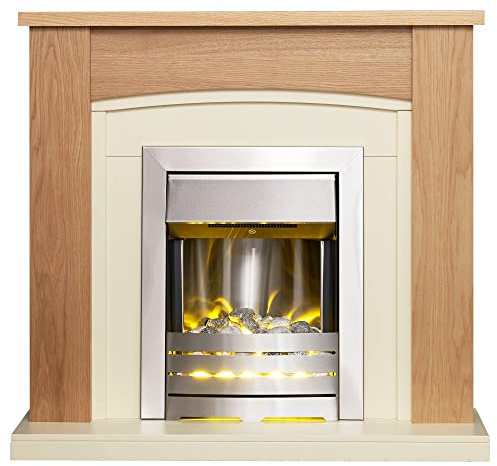Adam Chilton Fireplace in Oak & Cream with Helios Electric Fire in Brushed Steel, 39 Inch