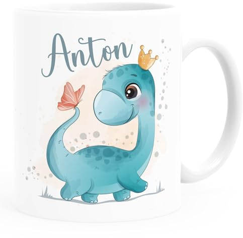 SpecialMe® Kindertasse Dino Dinosaurier Schmetterling personalisierte Tasse mit Name aus Keramik für Kinder Jungen Mädchen Weiss standard
