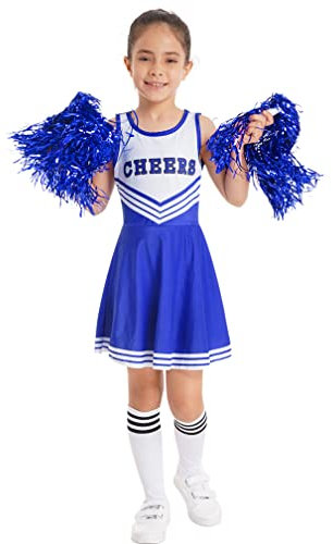 MSemis Mädchen Cheer leader Kostüm Cheerleading Schulmädchen Uniform Karneval Fasching Party Halloween Kostüm Kleid Minirock mit 2 Pompoms und Socken Blau 110-116