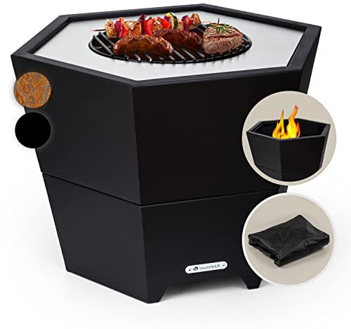 Blumfeldt Feuerschale Mit Grillrost - Outdoor Stahl-Feuerschale Groß für Balkon & Camping, Mobile 60 cm, Mit Standfuß, Wetterfest, Sechseckige Feuerstelle