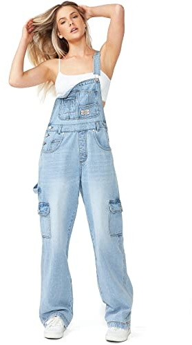 Lana Roux 90s Retro Dungaree Utility Denim Jumpsuit Jean Overalls (Cargo Light Denim, Small)