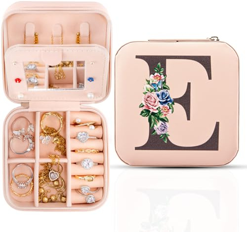 Meschett Travel Jewelry Box with Mirror, Travel Essentials Organizer, Ring Necklace Earring Holder, Personalized Initial Case, Gifts for Women and Girls