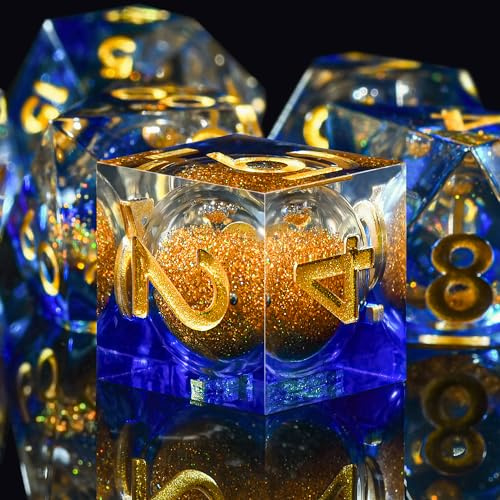 SIQUK 7 Stück Würfel Set Polyedrische Würfel Liquid Core Würfel D4 D6 D8 D10 D12 D20 D% Spielwürfel für DND RPG MTG, Blau & Gold