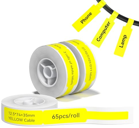 NIIMBOT 3 Rolls Yellow Cable Labels for D11/D110/D101 Label Maker | Waterproof & Wear-Resistant Labels, 12.5x109mm, 60 Labels/Roll Strong Adhesive for Wire Marking, Network Cable ID