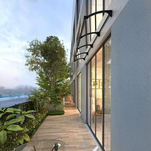 Pultbogenvordach Überdachung Haustürvordach mit Regenrinne,Fenster Balkon Markisen schwarz Aluminium Bügel und Transparente Platte Polycarbonat Pavillion Türvordach Regenschutz (65×110cm)