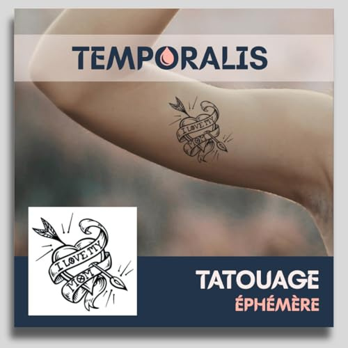 Faux Tatouage AMOUR - Temporalis® | Tatouage Ephemere Femme et Homme – Cosmétique Certifié UE, Encre Vegan & Waterproof – Dure 1 à 2 semaines [ Tattoo Cœur “I love my mom” ]