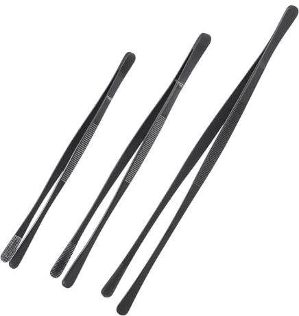 sourcing map 3Pcs Kitchen Tweezers Stainless Steel, 8/10/12 Inch Food Tongs Fine Cooking Tweezers Set Extra-Long Tweezer Tongs for Cooking Grill Baking BBQ, Black Round Straight Clip