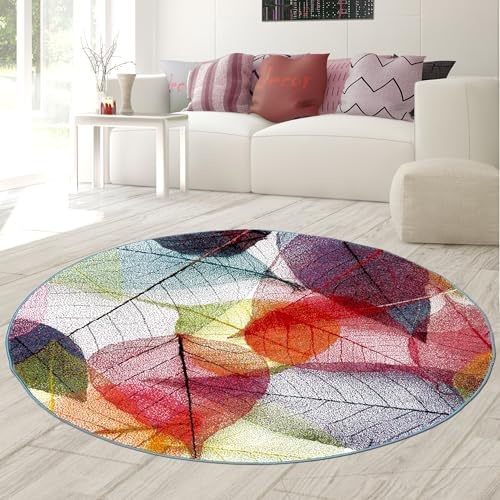 Teppich-Traum Teppich Wohnzimmer Wohnbereich Tischunterlage Essbereich pflegeleicht strapazierfähig Mehrfarbig farbecht mit Laubmuster in Bunt, 200 cm Rund