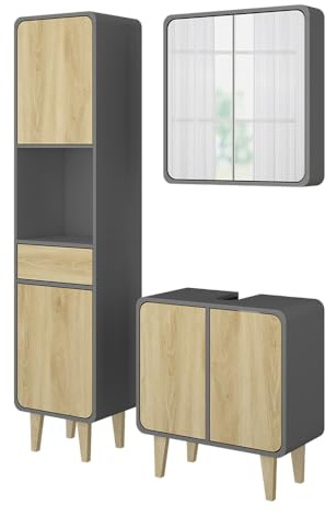 Vicco Badmöbel-Set Arla, Anthrazit/Eiche, 60 cm | besteht aus Waschbeckenunterschrank, Spiegelschrank und Hochschrank