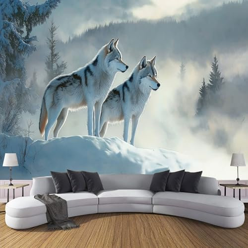 Schneebedeckte Berge Wölfe Fototapete - Winterlandschaft - Größe 300X210Cm (Breite X Höhe) Wandtapete Tapete, Wandbild Wandtattoo Dekoration - Tapete, Kinderzimmer, Kindertapete