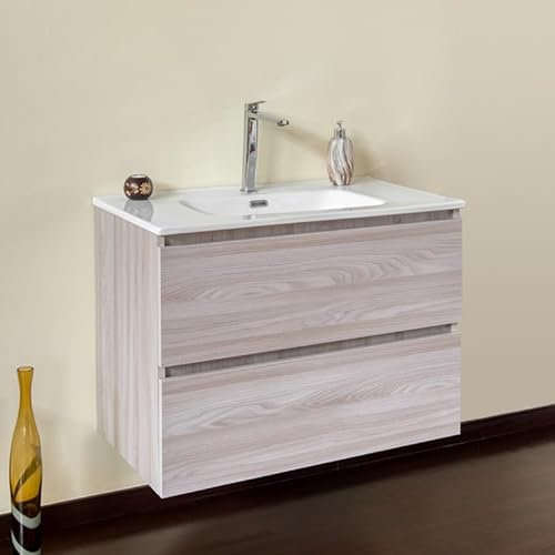 Yellowshop | Mobile Bagno Sospeso CLOE - Composizione Completa con Lavabo Ceramica, Chiusura Soft Close, Finitura Olmo Perla (90 cm, Mobile con Lavabo)