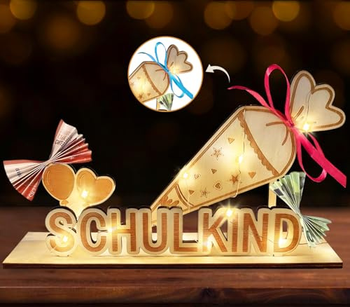 Luckeey Einschulung Geschenk, Geldgeschenk Einschulung Holz, Sinnvolle Einschulungsgeschenke Glücksbringer Schulanfang Geschenke mit LED, Geschenk zur Einschulung Mädchen Tischdeko