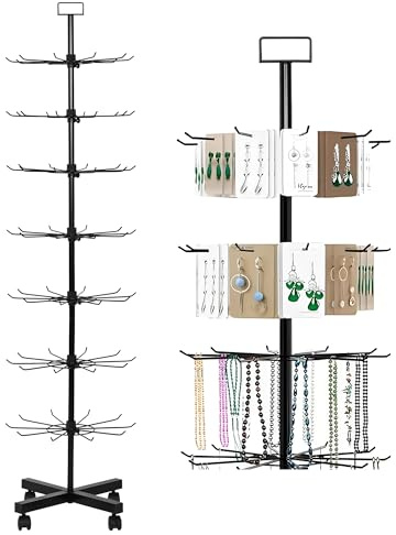 awagas 7 Tier Rotating Retail Display Stand, 160cm Movable Jewelry Display Rack for Store Vendor, Metal Retail Display Rack with Adjustable Spacing Shelves for Jewelry Keychain Headbands Hats