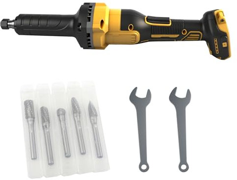 Cordless Die Grinder Compatible with Dewalt 20V Battery, Brushless Grinder with 6mm Carbide Burr 4 Variable Speeds, Max 24000 RPM for Rust Removal Grinding Polishing Deburring (Yellow+5 Drill)