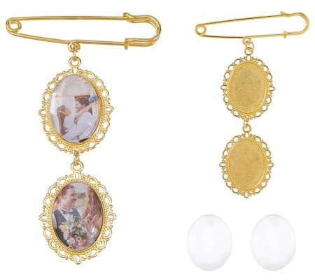 SUPERFINDINGS 2 Set Goldene Broschen DIY Anstecknadeln Broschentablett Aus Eisen 4 Stück Ovales Klares Glas Hochzeitsstrauß Foto Brosche Charm Für Foto Charm Hochzeitsparty 95mm