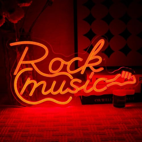 OYCGZV Rockmusik neonskylt för väggdekor – gitarr neonljus röd dimbar USB LED-skylt för levande musik bar sovrum konsert hall inspelningsrum studio fest hem klubb