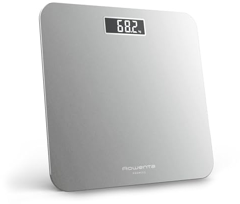 Rowenta Premiss 2.0, Bilancia da Bagno con Display LCD Facile da Leggere, Capacità 160Kg, Design Moderno e Funzioni Intelligenti, Auto Accensione e Spegnimento Automatico, Colore Argento, BS1801V0