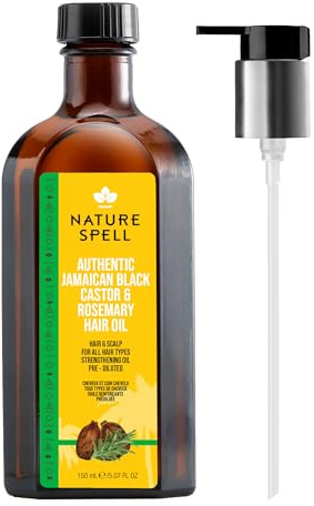 Nature Spell Jamaican Black Castor and Rosemary Oil Blend, Vegan, 150ml | for Hair & Scalp with Pump Dispenser, Pre-Diluted Oil to Strengthen Roots and Smooth Strands, for All Hair Types