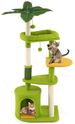 COSTWAY Cat Tree, Multi-Level Cat Climbing Tower with Condo, Self Groomer, Scratching Posts & Dangling Ball, Palm Design Kitten Activity Center for Indoor Cats (122cm Tall)