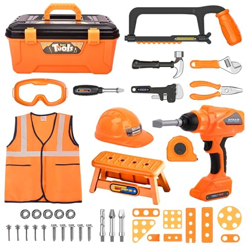 Beafaoo 44 Pcs Kids Tool Set, Kids Tool Box with Kid Tape Measure, Hard Hat and Toy Drill, Simulation Construction Toys with A Safety Vest for Boys and Girls 3 4 5 6 7 8 Years Old