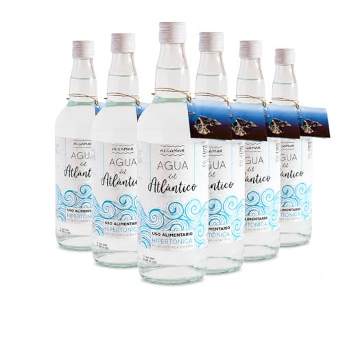 Pack 6 x Agua de Mar Algamar 1 L, hipertónica y microfiltrada en frío, agua marina del Atlántico para uso alimentario, 6 botellas de cristal para cocinar y recetas