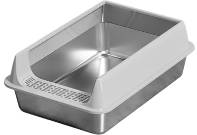 Kattlåda i rostfritt stål, kattsandsbricka i rostfritt stål med skopa halvsluten metall kattsandspanna hög sidig stora ströar för sovsal lägenhet vardagsrum bil, 40 x 30 x 15 cm (grå)