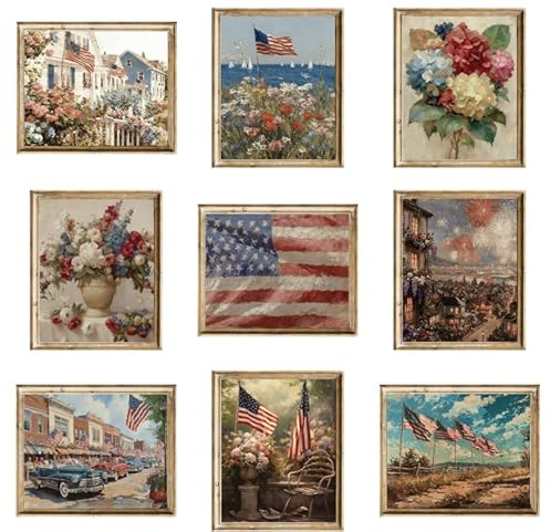Whaline 9 Pcs Patriotic Wall Art Prints Paper Posters American Flag Floral Oil Painting Pictures for 250th Anniversary 4th of July Independence Day Home Office Gallery Party Decor, Unframed