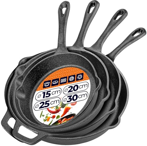 KADAX Gusseisenpfannen 4er Set (15/20/25/30 cm), Pfannen aus Gusseisen, induktionsgeeignet & backofenfest, Gusspfanne für Induktion, gusseiserne Bratpfanne