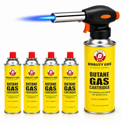 D.I.L Butane Gas Blow Torch, Stainless Steel, Auto Ignition, Adjustable Flame, 1300°C, for BBQ, Cooking, Soldering, Camping & DIY (Blow Torch + 4 Gas)