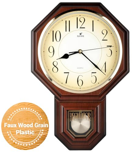 JUSTIME Traditional Schoolhouse Gradient Arabic Regulator Wall Clock, Chiming Wall Clocks with Pendulum & Westminster Chime Hourly, Schoolhouse Wall Decor Battery Operated (Dark Wood Grain)