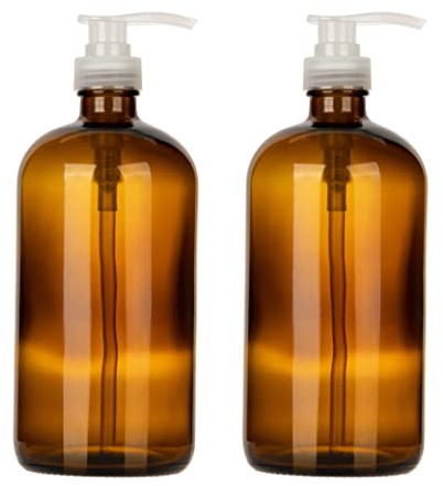 32 Ounce Large Amber Glass Boston Round Bottles w/Natural Color Pumps. Great for Lotions, Soaps, Laundry Detergent and Essential Oils - Food Safe and Medical Grade - by kitchentoolz (Pack of 2)