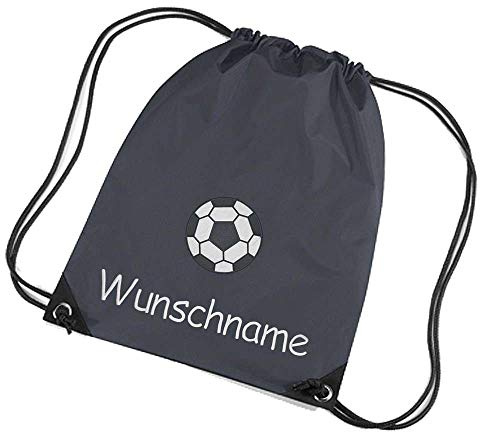 Feenstickerei Turnbeutel Fussball Bestickt mit Namen personalisiert dunkelgrau Sportbeutel Schuhbeutel Schwimmbeutel Wäschebeutel 45x33 cm