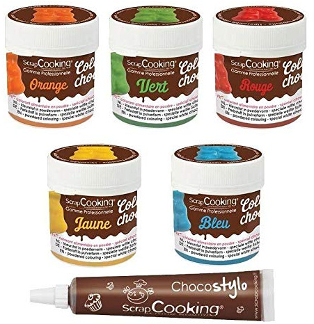 5 colorants alimentaires liposolubles bleu-jaune-rouge-vert-orange + 1 Stylo chocolat