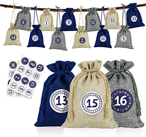 Naler 24 x Jutesäckchen Adventskalender Stoffbeutel mit Zahlensticker Jute Beutel Natur Säckchen Geschenksäckchen für Weihnachten - Blau/Natur/Grau