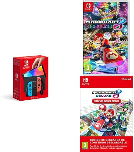 Nintendo Switch (versión OLED) Azul Neón/Rojo Neón + Mario Kart 8 Deluxe (Nintendo Switch) + Pase de pistas extras DLC (Nintendo Switch - Código de descarga)