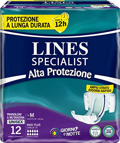 Lines Specialist Pannolone a Mutandina Maxi Plus Alta Protezione per Incontinenza Uomo Donna, Taglia Media, Confezione da 12