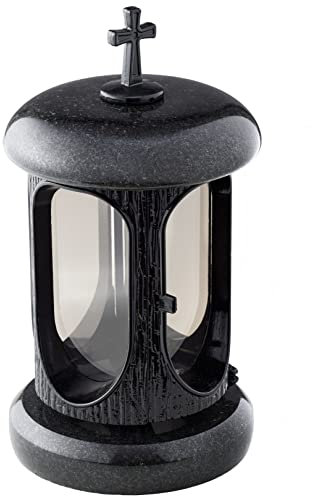 Large Round Granite Memorial Lantern – H 8.6 (22cm) Black Graveside Tribute with Cross - Funeral Gift, Cemetery Grave Ornaments, Memory Lantern, Candle Decoration for Graveyard