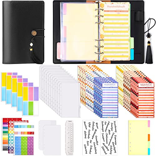 A6 Budget Planner Deutsch mit PU Leder Binder Budgetaufkleber, Teiler Linea Taschen Etikettenaufkleber für Finanzplaner, Buget, Haushaltsbuch, Geld Sparen Mappe, Cash Stuffing