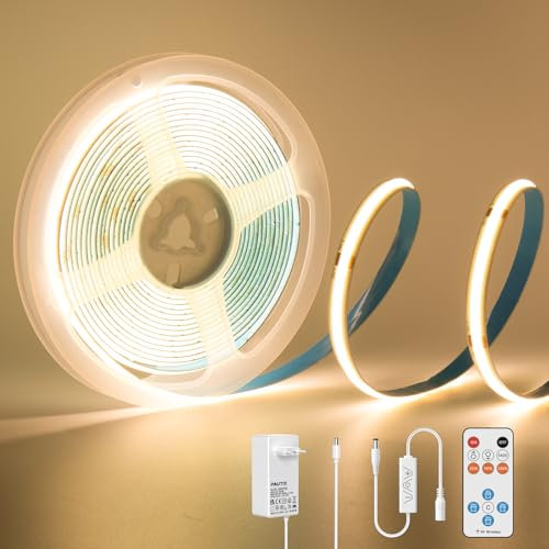 PAUTIX Tira de luces LED COB 2700K Blanco cálido, 3m 480LEDs/M kit de tira de luces LED regulables,24V Superbrillante luces de cinta LED con control remoto RF de 18teclas para hogar bricolaje