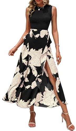 BTFBM Summer Dresses for Women 2026 Casual Spring Floral Sleeveless Ruffle Boho Cocktail Wedding Guest Party Midi Dress(White Floral Black, Medium)
