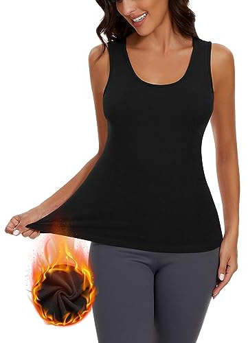 WOWENY Baslinne för kvinnor, termisk, ärmlös, ribbad vintertröja, varm termisk T-shirt, undertröja, underkläder, fleece, vardagsbruk, svart, M
