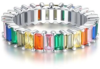 18K gnistrande regnbågsbaguette-ring i 925 sterlingsilver med färgglada regnbågsstenar – damringar eternity evighetssmycken i juvelerarkvalitet, Ädelmetall, Zirkon